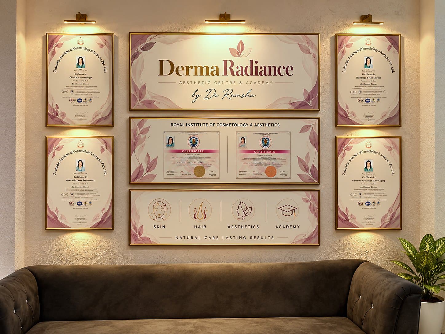 Dr. Ramsha's certificates on the clinic wall