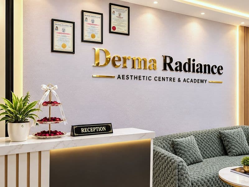 Reception desk at Derma Radiance, with the clinic's name and certificates on the wall